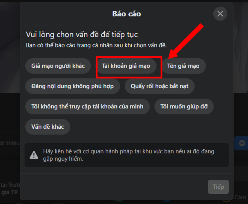 Chọn Tài khoản giả mạo để báo cáo 